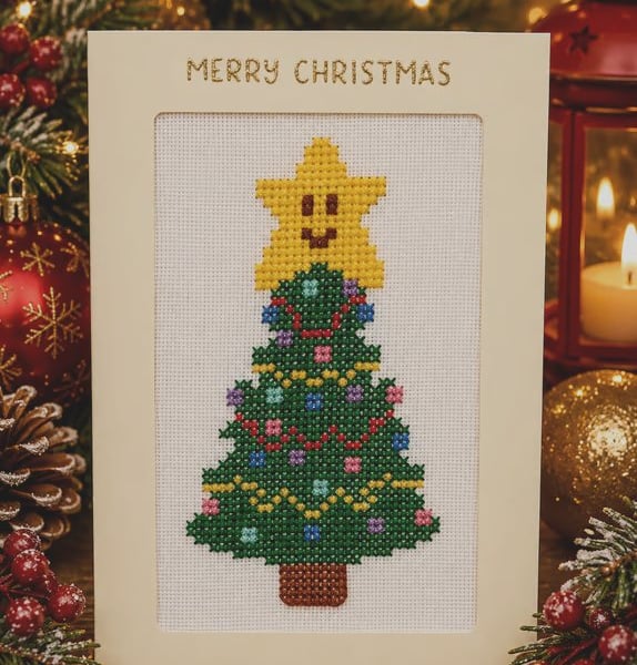 Handmade Cross Stitch Smiley Christmas Tree Card – 8 x 6 Inch