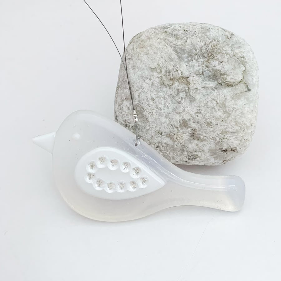 Fused Glass Opal Bird Hanging - Handmade Glass Suncatcher