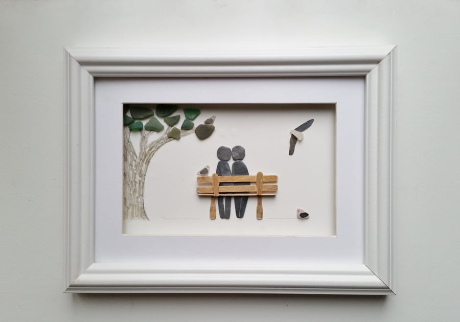 Pebble Art Couple on Bench, Unusual Anniversary, Valentine Gift, Framed Art