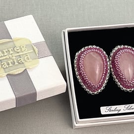 Rose Quartz, Ruby & Sterling Silver Pear Shaped Stud Earrings