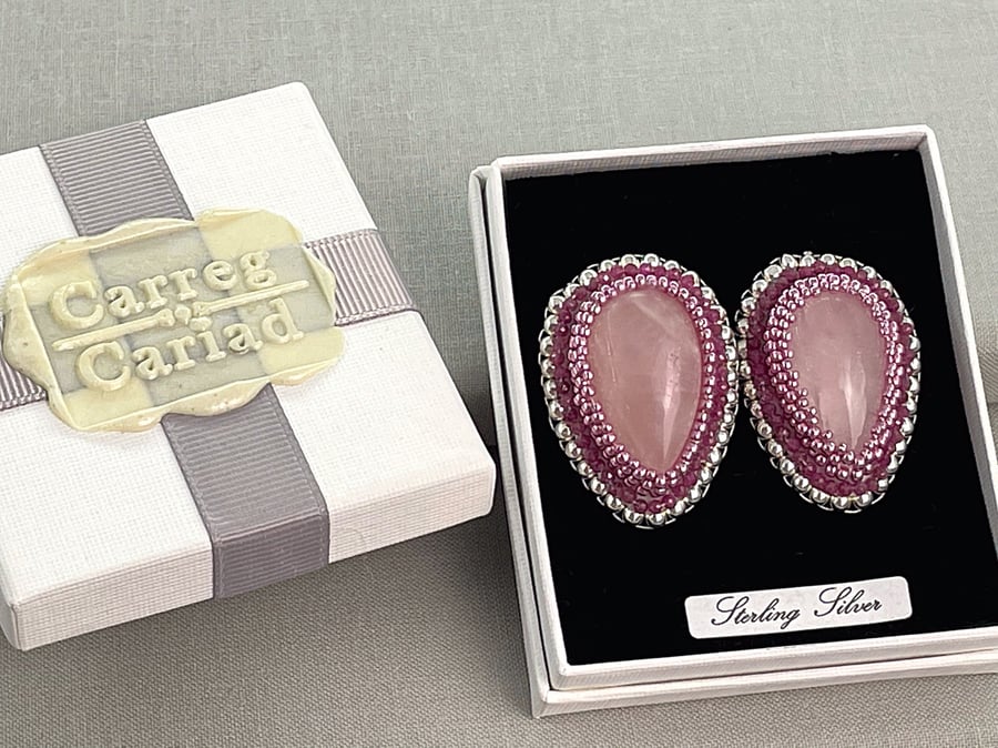 Rose Quartz, Ruby & Sterling Silver Pear Shaped Stud Earrings