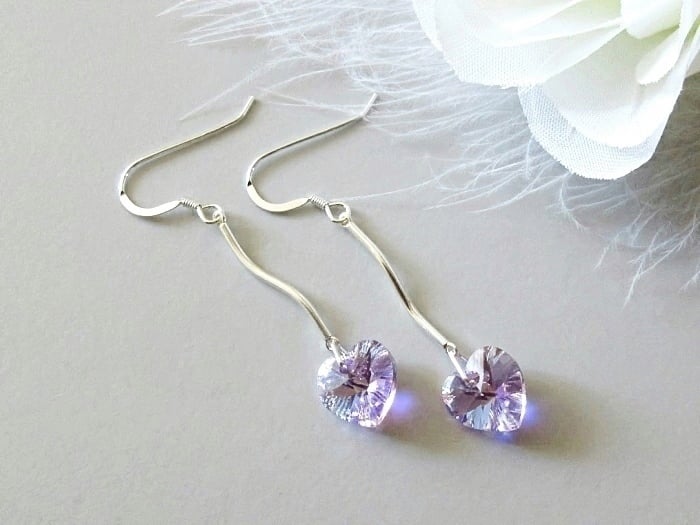 Solid Sterling Silver Bar Earrings With Premium Sparkly Purple Crystal Hearts