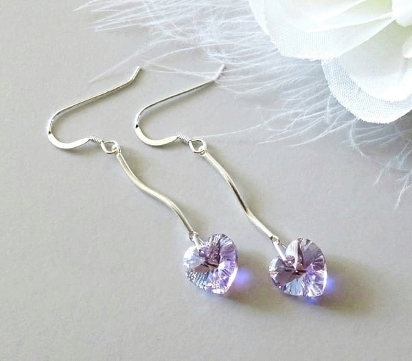 Solid Sterling Silver Bar Earrings With Sparkly Purple Austrian Crystal Hearts