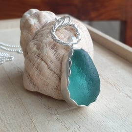 Teal sea glass penadnt, Bright aqua necklace, Ocean inspired gift