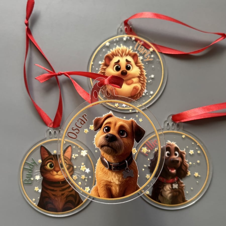 Personalised pet Christmas decoration. Personalised cartoon pet Christmas bauble