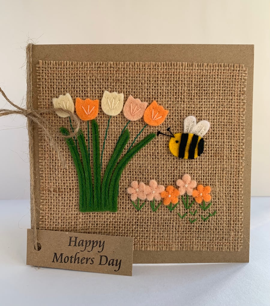 Handmade Mother’s Day Card. Peach and cream flowers from wool felt. 