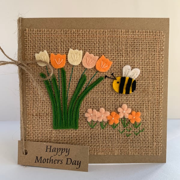 Handmade Mother’s Day Card. Peach and cream flowers from wool felt. 