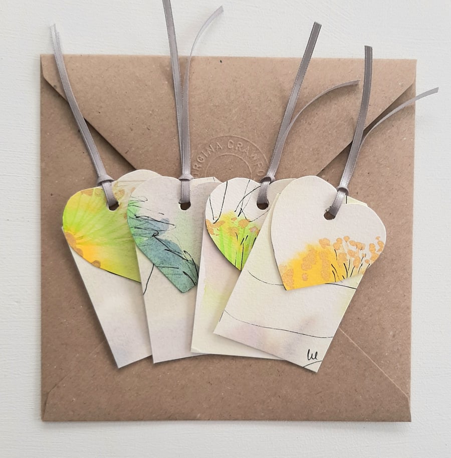 Handpainted Gift Tags. Hand Cut Pastel, Yellow Green and Gold Abstract Labels