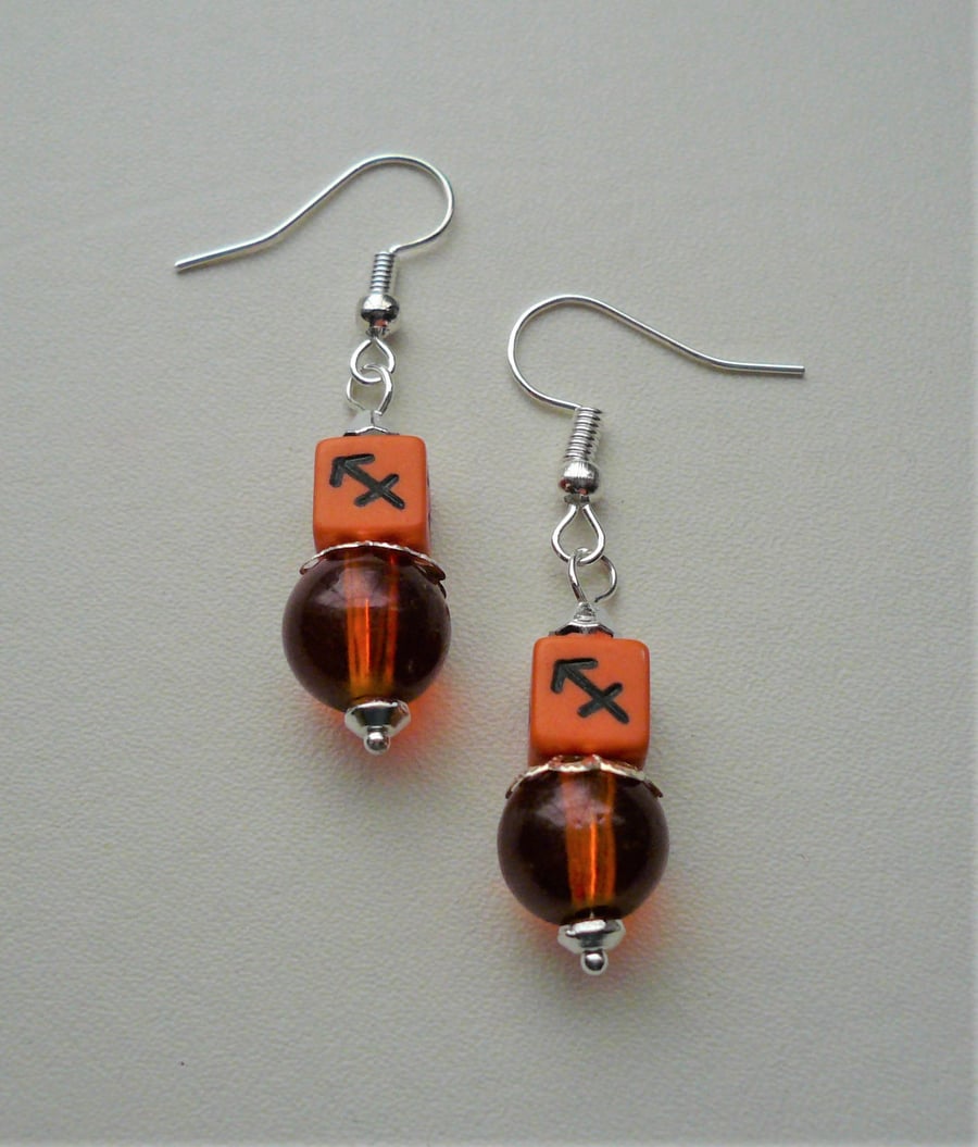 Orange SAGITTARIUS Zodiac Sign Dangle Glass Acrylic Cube Bead Earrings   KCJ3969