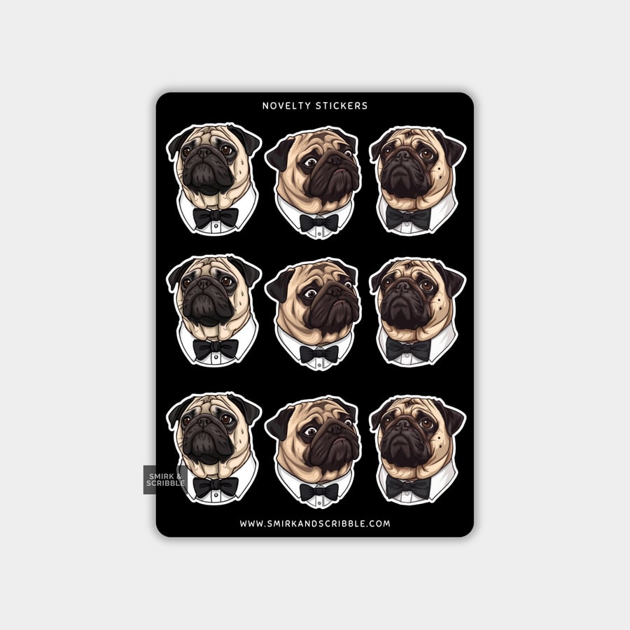 Image of Funny Vinyl Sticker Sheet For Adults - Pug With Bow Tie