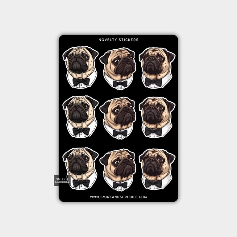 Funny Vinyl Sticker Sheet For Adults - Pug With Bow Tie