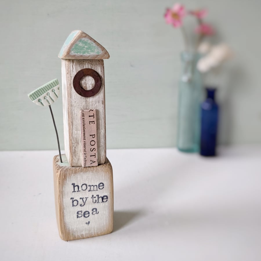 Little Wooden Sea Hut with Clay Flower 'home by the sea'