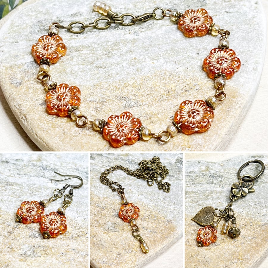 Deep orange and peach flower jewellery set