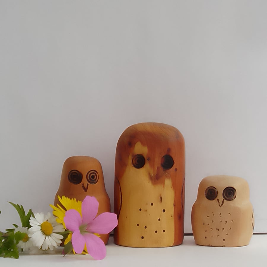 Hand carved wooden owls
