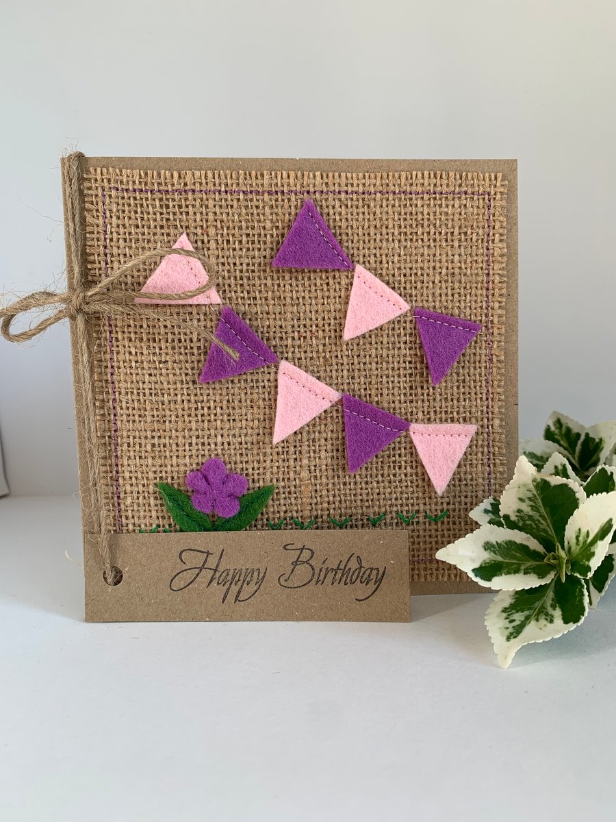 Handmade birthday card. Bunting in purple and pink from wool felt.