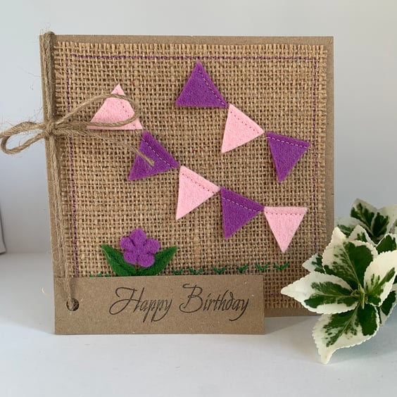 Handmade birthday card. Bunting in purple and pink from wool felt.