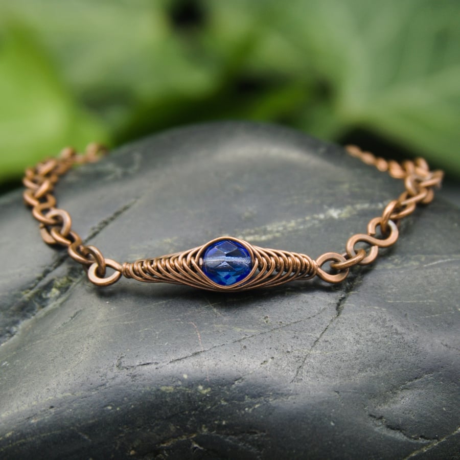 Copper Chain Link Bracelet with Herringbone Wire Weave - Blue