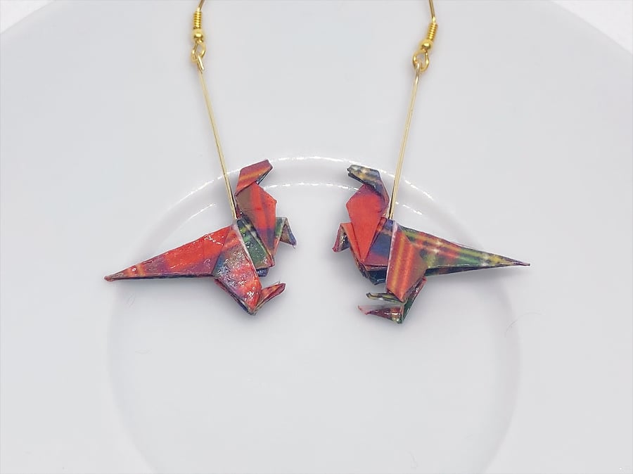 Origami Dinosaur Earrings, Paper Dinosaur Earrings, Handmade Earring, Paper