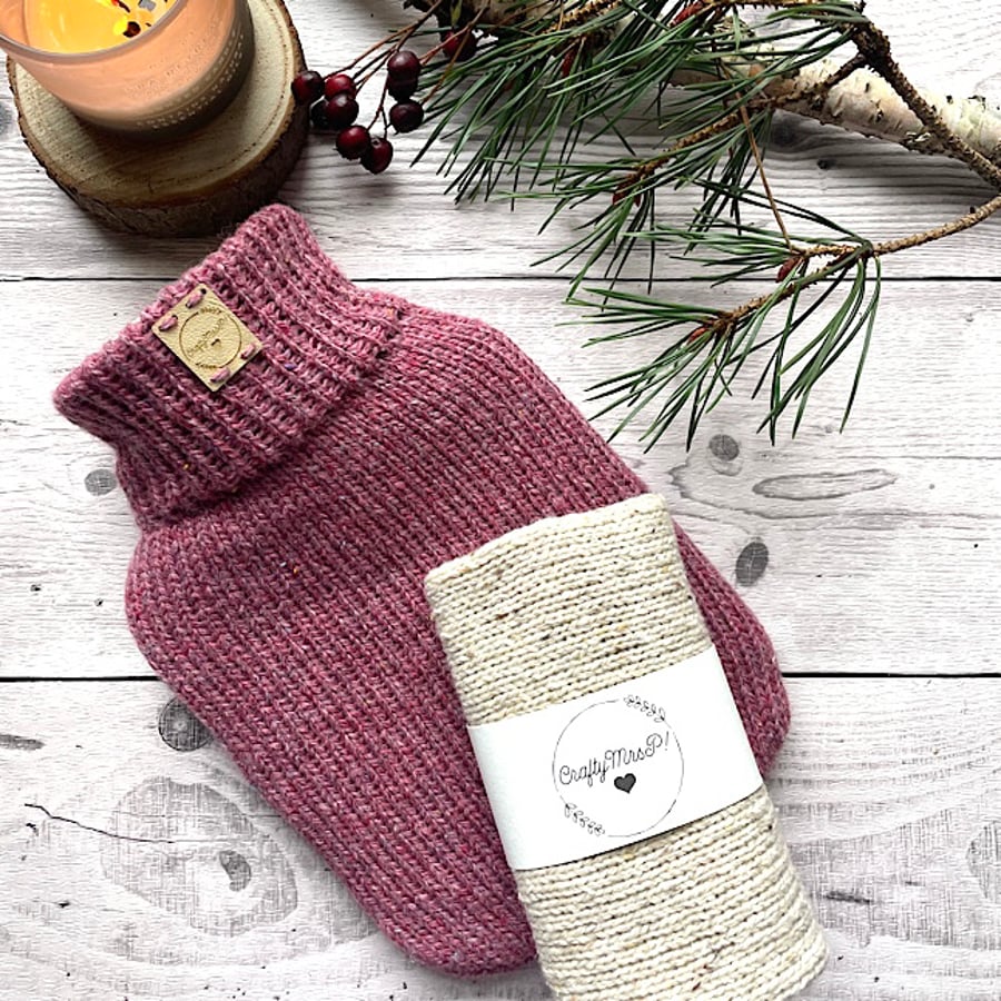 Hot water bottle cover knitted recycled yarn sustainable gift ideas
