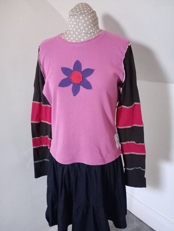 Patchwork top with long sleeves and flower applique