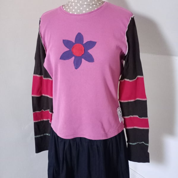 Patchwork top with long sleeves and flower applique