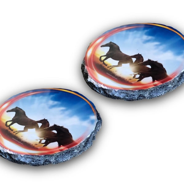 Three Horses Round Rock Slate Coasters Set Of 2. Horse Christmas Gifts