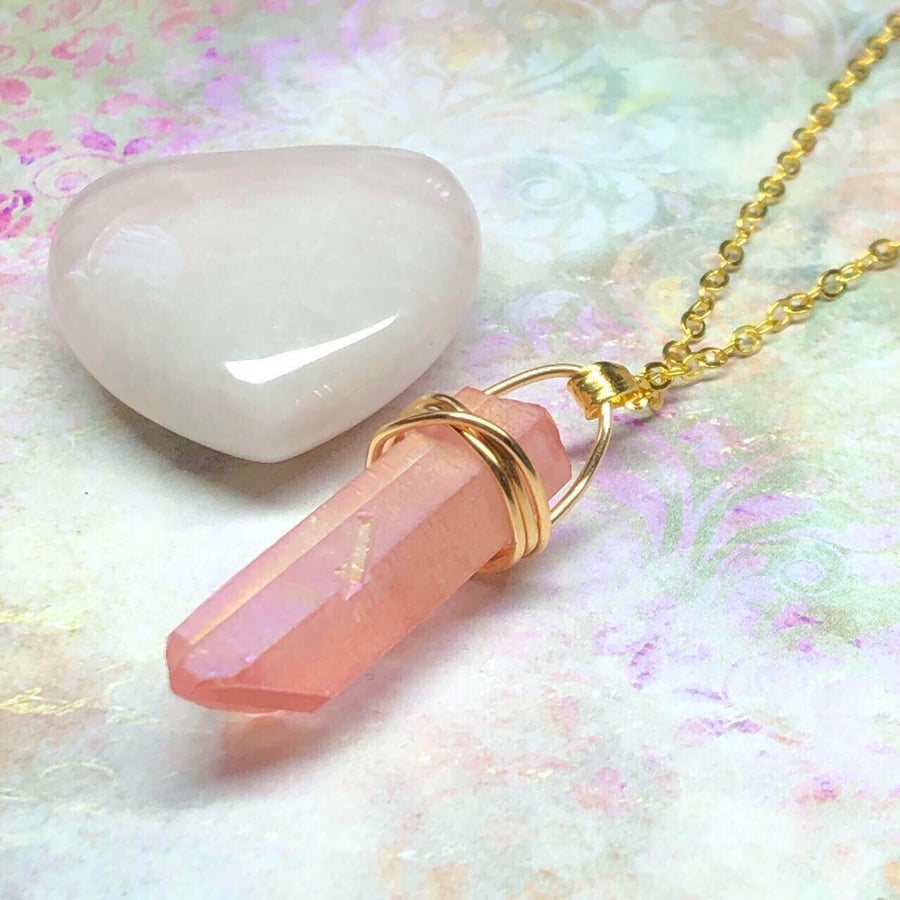 Pastel pink Quartz wire wrap necklace