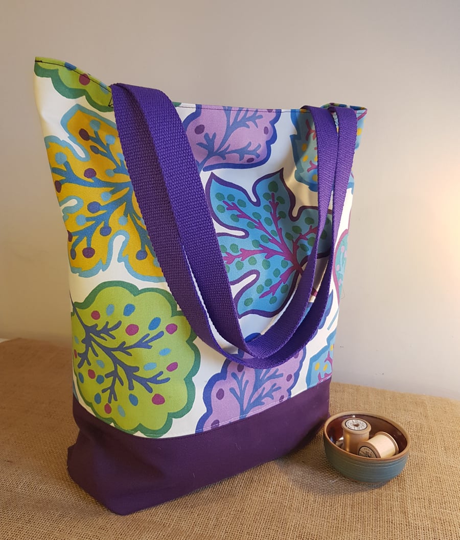 Large tote bag: contemporary leaf design with contrasting purple cotton canvas 