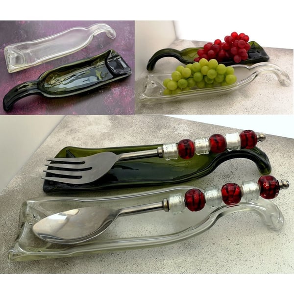 Handmade Fused Glass Recycled Wine Bottle Curved Handle Dish - Slumped Bottle