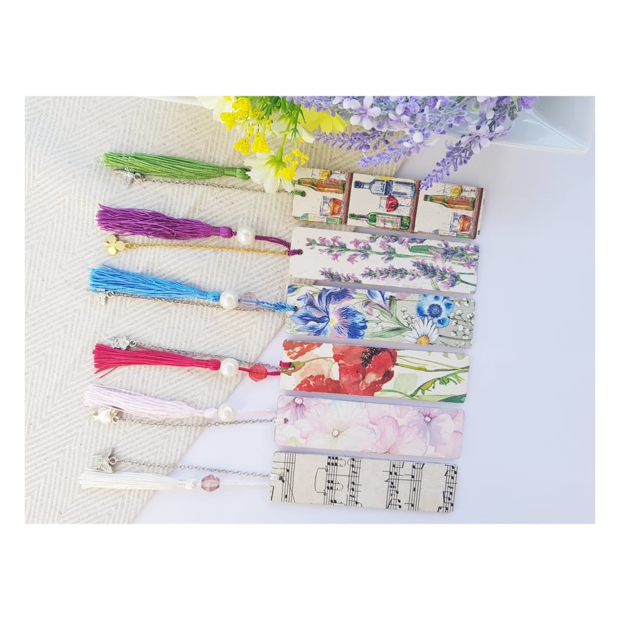 Bookmark, 12 cm. Decoupage Bookmark with Tassel, Chain and a Charm
