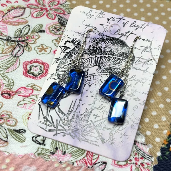 Blue vitrail glass rectangle chain earrings 