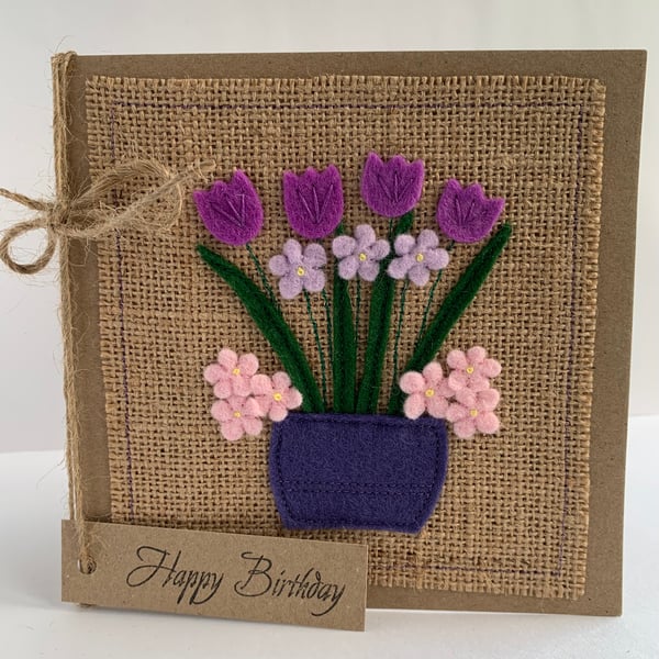 Handmade Birthday Card. A pot of purple and pink flowers from wool felt.