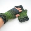 Hand Crochet Fingerless Mitts  Adults Cocodile stitch cuffs Green