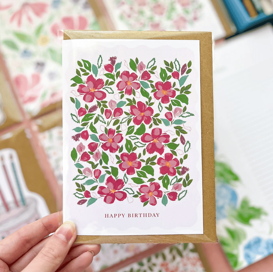 Pink Floral 'Happy Birthday' Card, Elegant Card, Colourful card for her