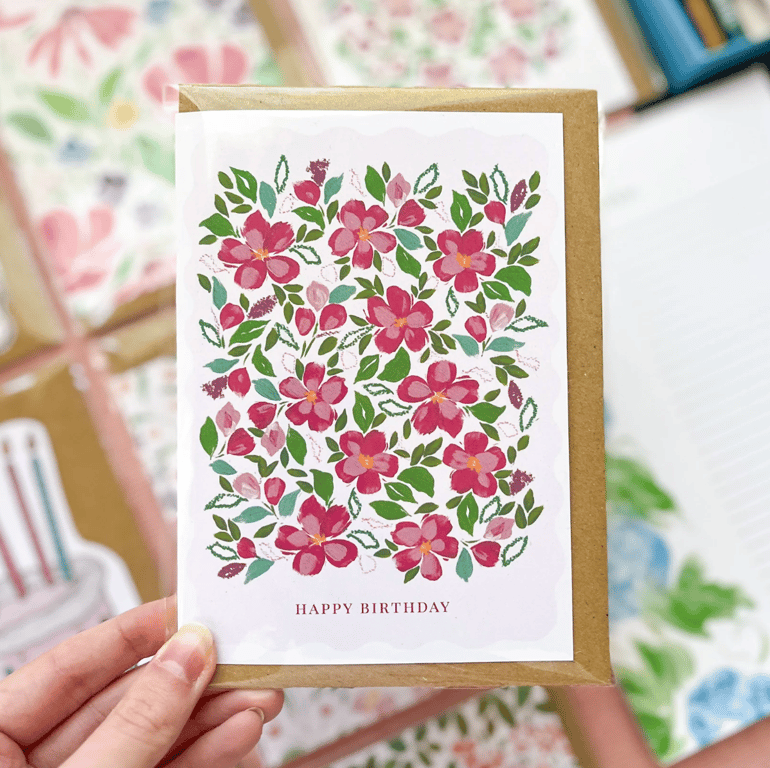 Pink Floral 'Happy Birthday' Card, Elegant Card, Colourful card for her