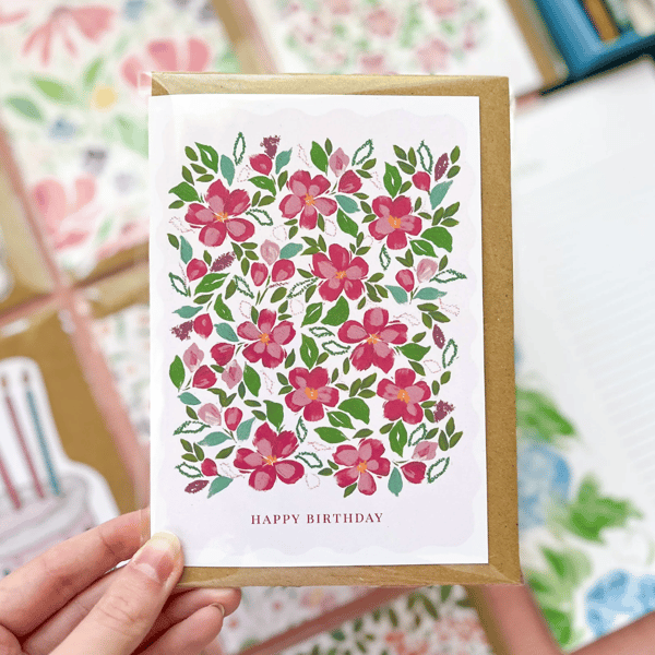Pink Floral 'Happy Birthday' Card, Elegant Card, Colourful card for her