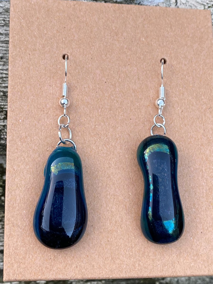 Wobbly Blue Asymmetrical dangly fused glass earrings