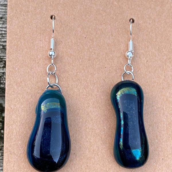 Wobbly Blue Asymmetrical dangly fused glass earrings
