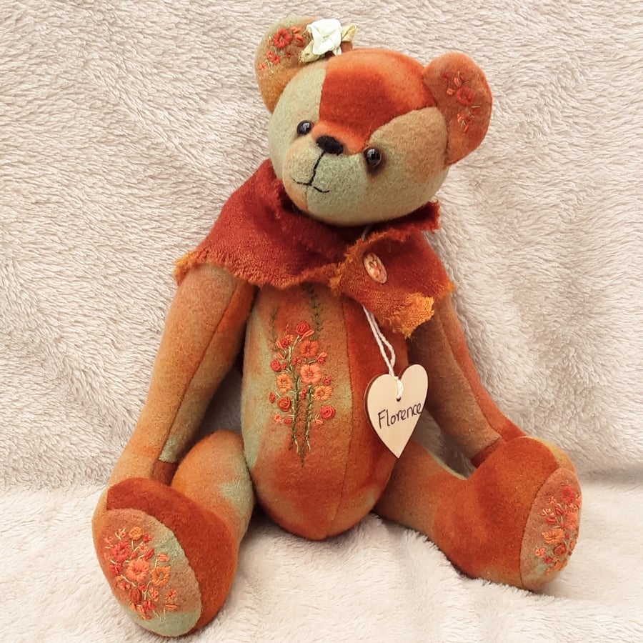 Unique hand dyed and embroidered collectable bear. One of a kind artist teddy