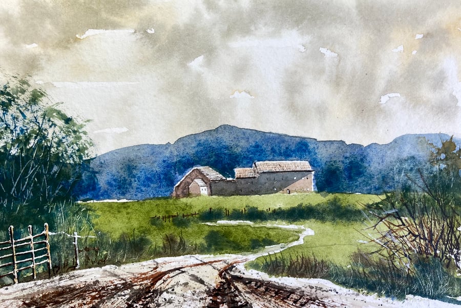Great Bushby farm (Pure Original Watercolour FULLY MOUNTED 8” x 6”)