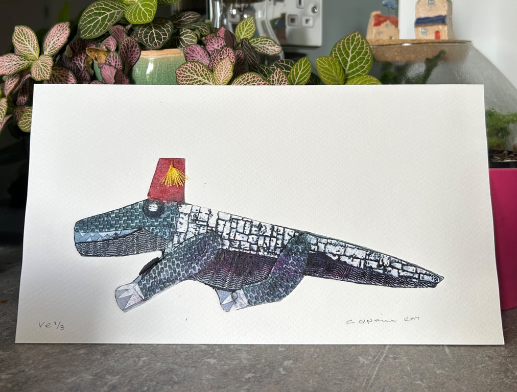Crocodile in a Fez - Collagraph print  -    Catherine O'Neill Art