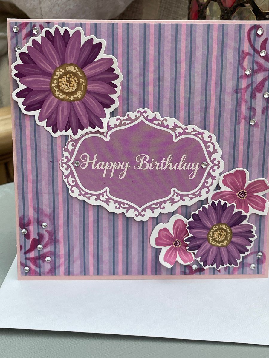 Pretty flowers and stripes Happy Birthday card