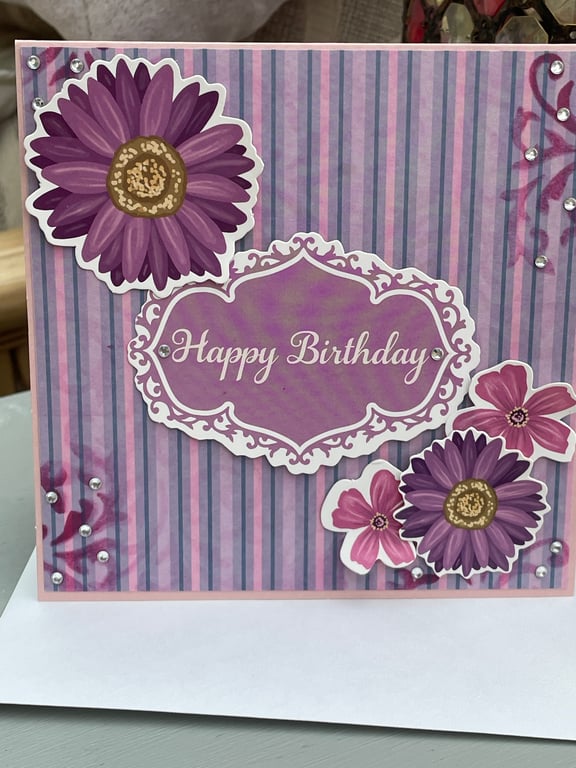 Pretty flowers and stripes Happy Birthday card