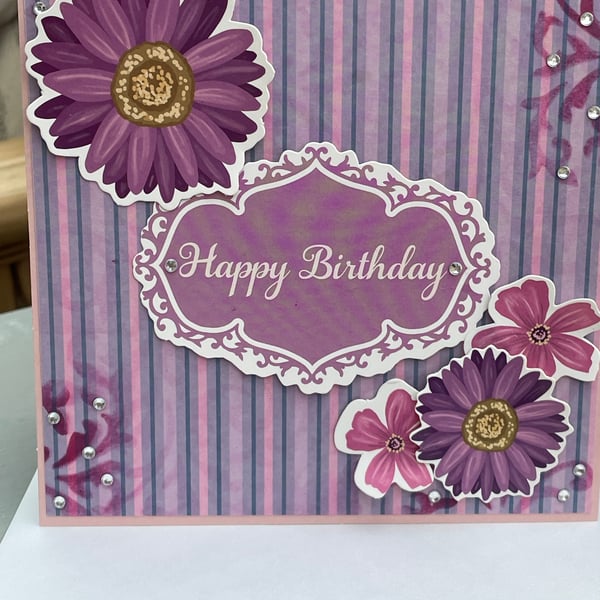 Pretty flowers and stripes Happy Birthday card