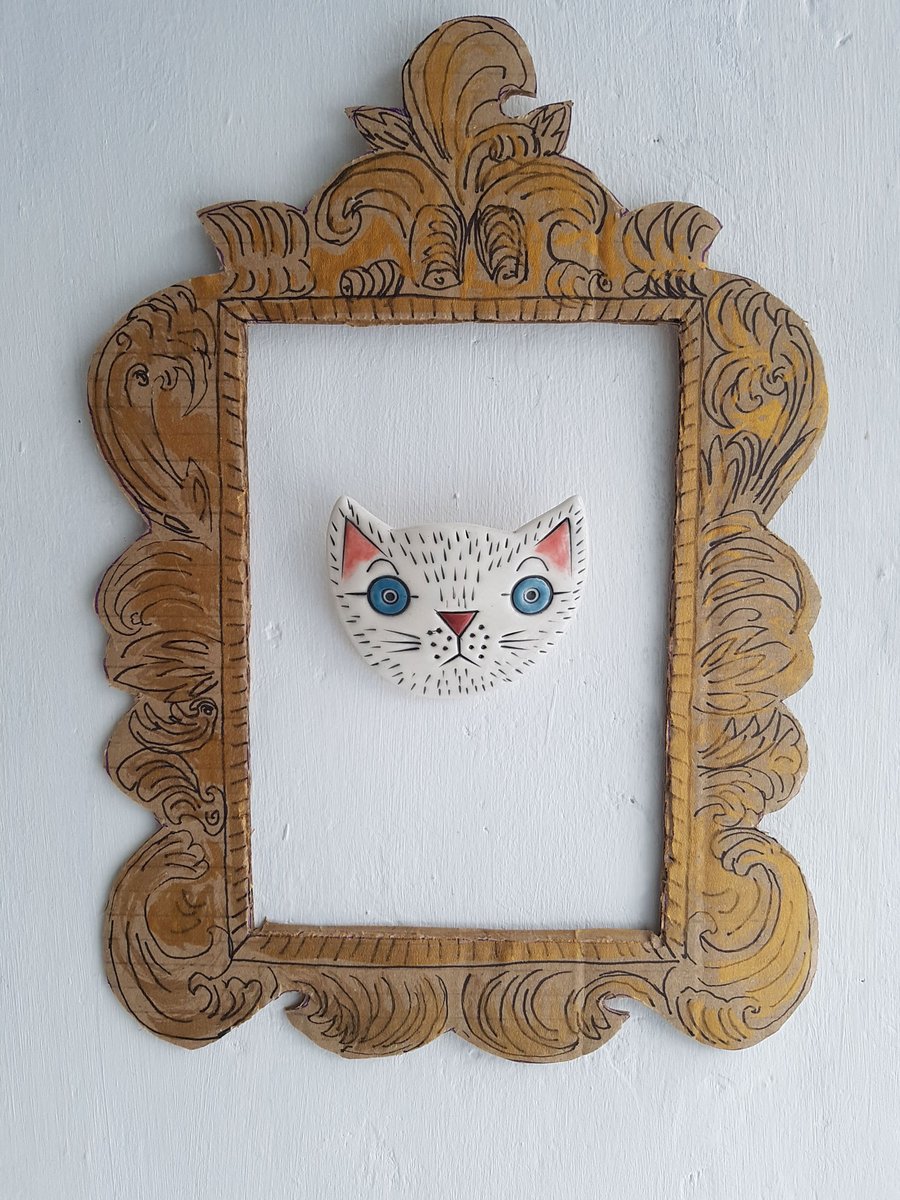 White cat wall hanging - decorative white cat ceramic wall art - cat lover gift