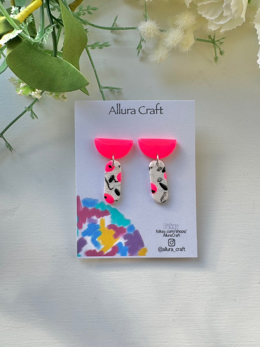 Neon Pink and Abstract Stud Dangles