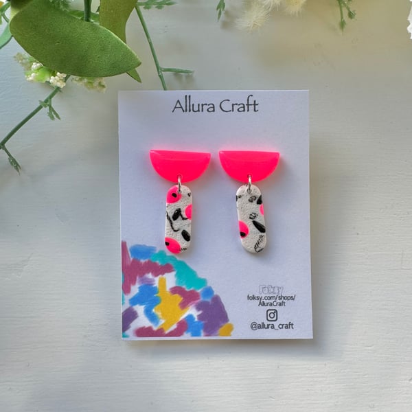 Neon Pink and Abstract Stud Dangles