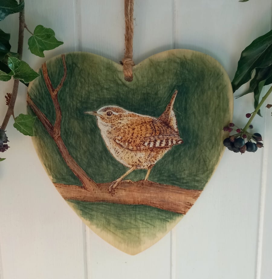 Wren pyrography wooden heart hanging decoration