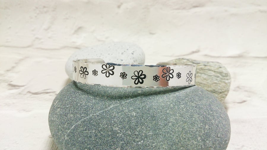 Dainty flowers cuff bracelet, Hand Stamped