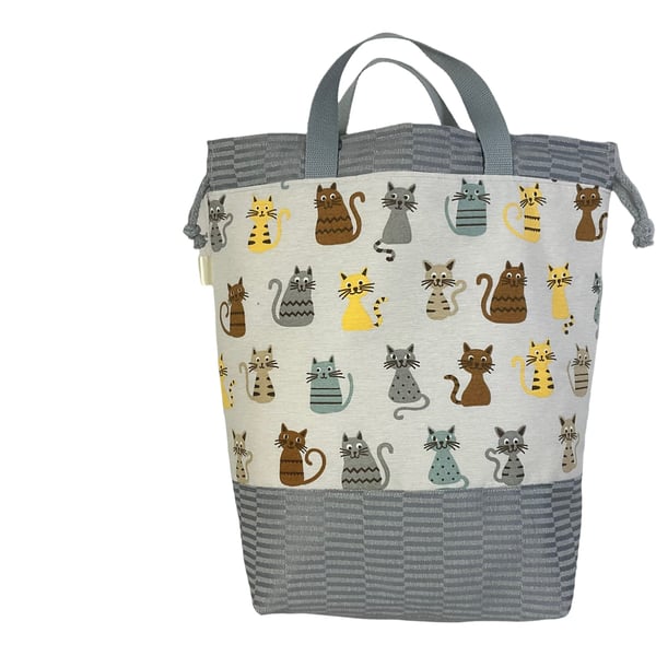Extra Large canvas drawstring knitting bag with cats print, multi pockets projec